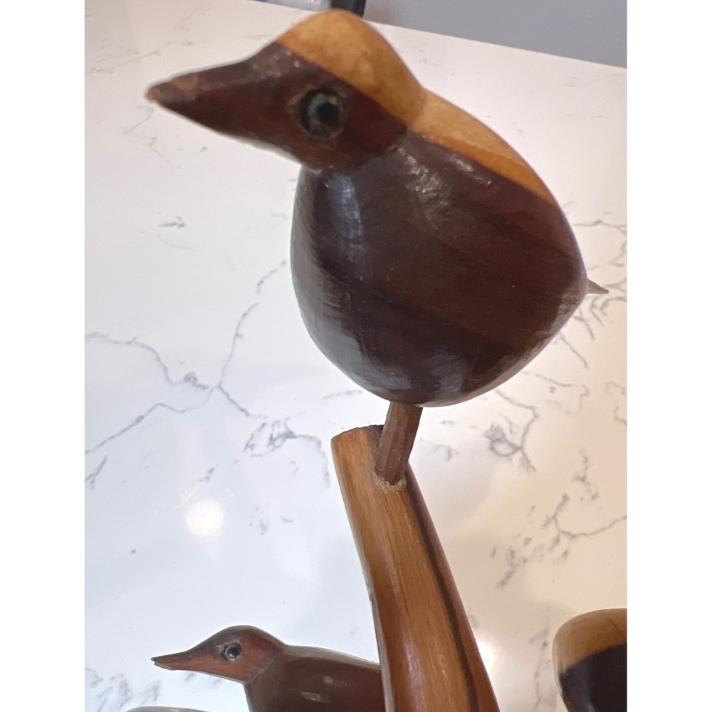 Vintage Hand Carved Wood Bird Tree Sculpture 5 Birds on Branch Folk Art MCM - Picture 5 of 12